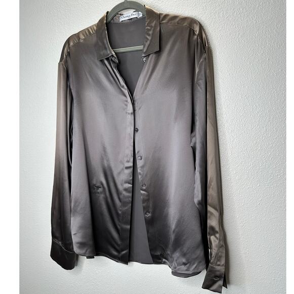 Christian Dior 100% Silk Taupe Brown Multi-Tonal Shimmer Button Blouse 14 - Picture 3 of 13